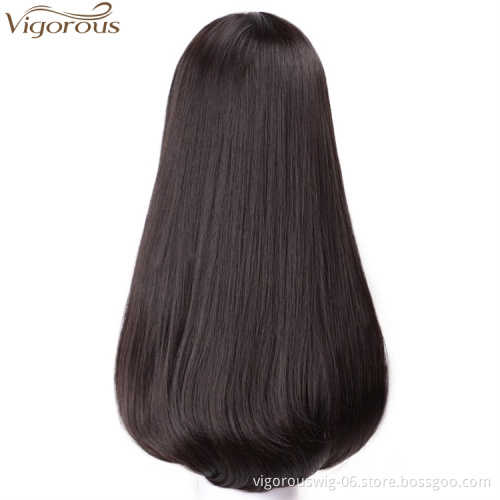Vigorous Natural Straight Hair Wigs for Black Women Black Brown Synthetic Wigs with Blunt Bang Middle Part Heat Resistant Wig
